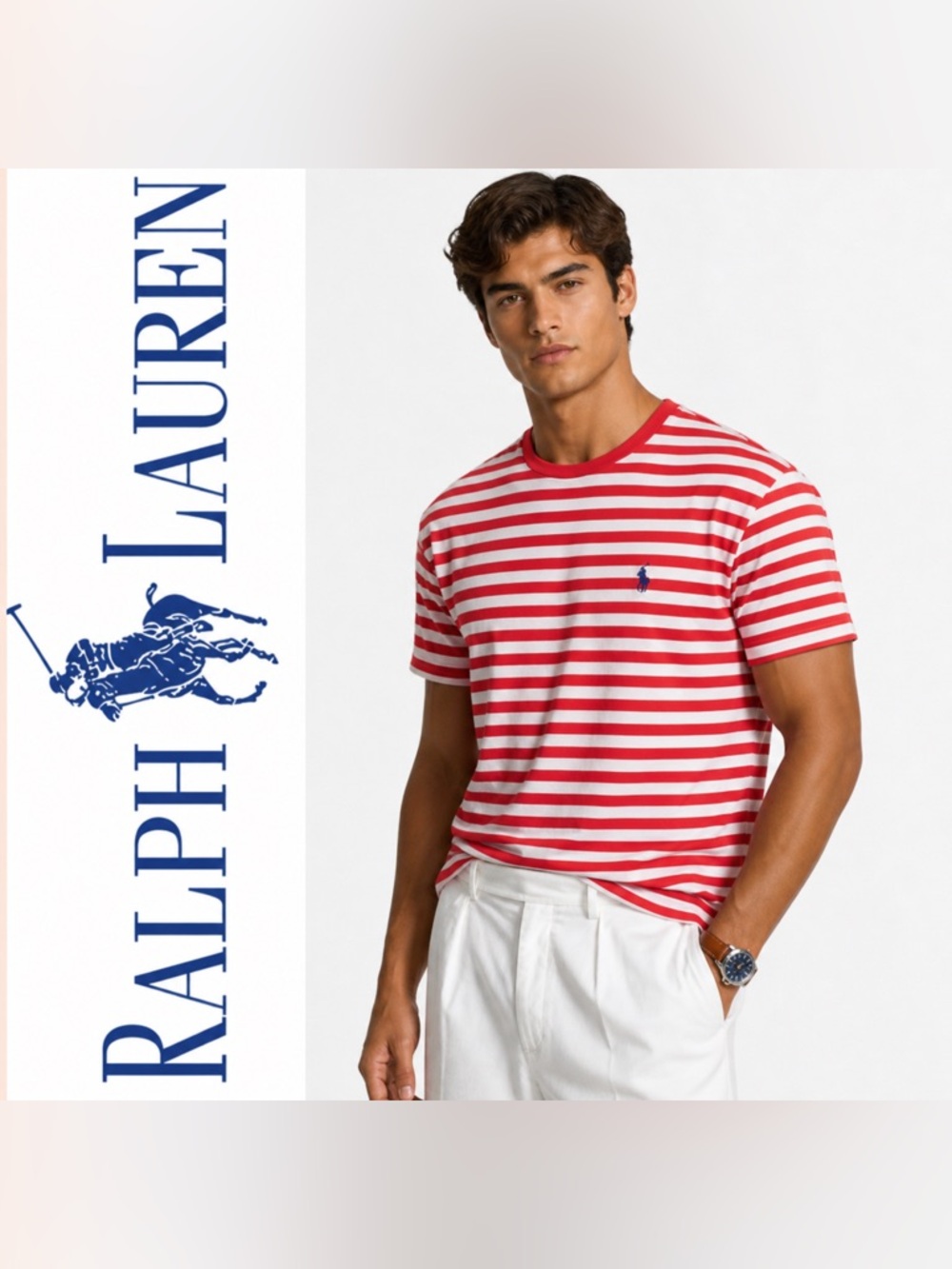 Polo Ralph Lauren Men's Sz M Classic Fit Striped Jersey T-Shirt Red White